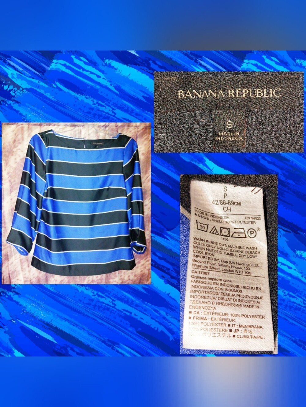 Banana Republic Blk/Blue/Wht 3/4 Slv Boat Neck Thick Striped Satin Woven Top Sml